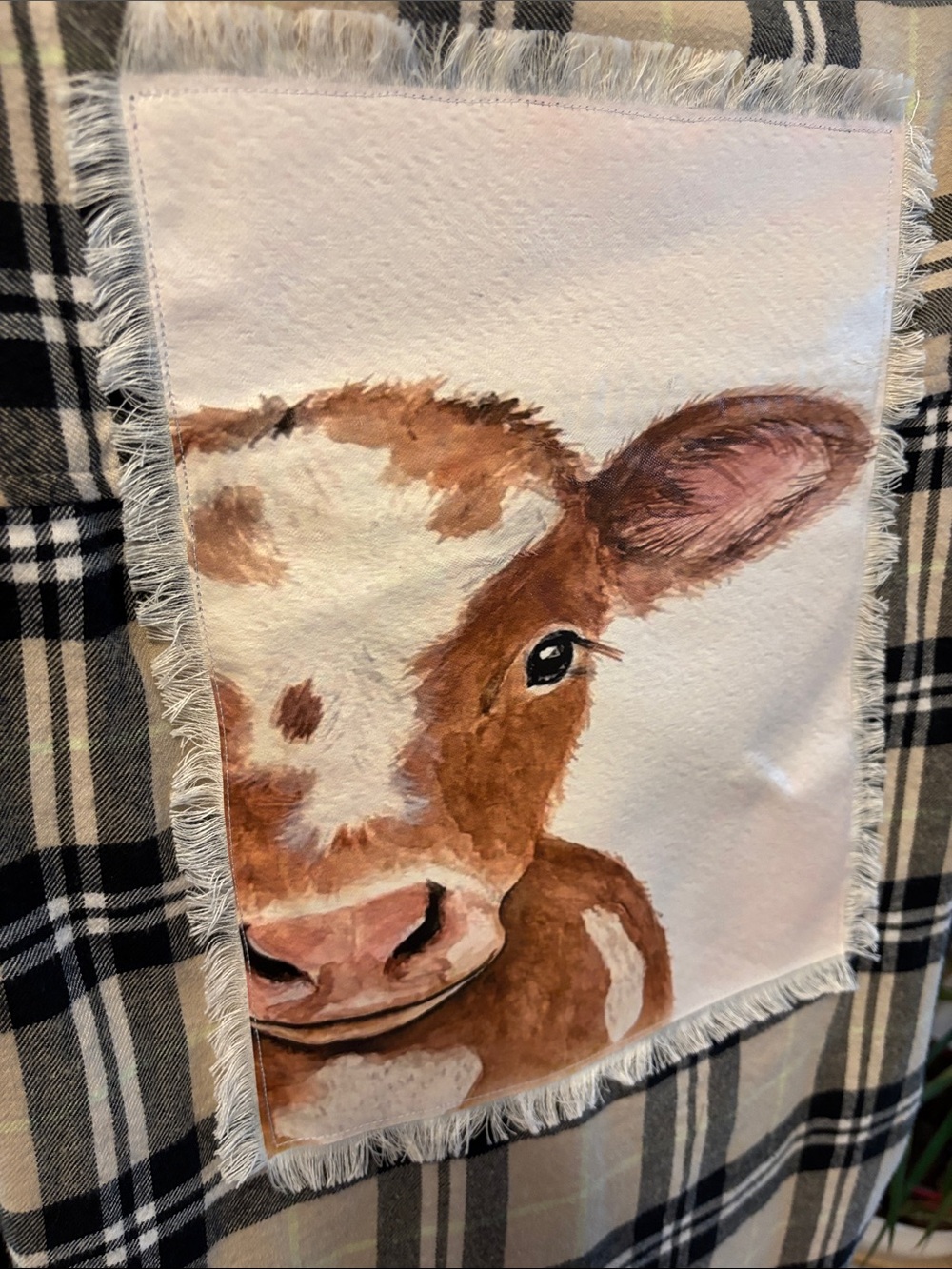 Handmade one of a kind Plaid Cow Patch Long-Sleeve Button-Up Shirt - Picture 2 of 6
